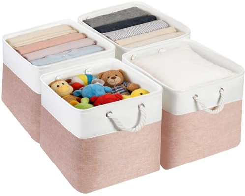 JUNLAI 4 Pack Fabric Storage Boxes, Kallax Storage Boxes 33 x 38 x 33 with Handles, Foldable Large Storage Pink Basket for Office & Home, Book, Clothes, Toys(Pink-White)