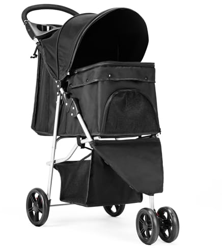 DUMOS 3 Wheels Pet Stroller for Small Dogs and Cats – Foldable Dog Stroller with Mesh Windows, Storage Basket & Cup Holder, Lightweight & Durable Pet Carrier for Travel, Outdoor Use – Black