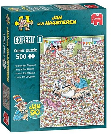 Jumbo Jan Van Haasteren Expert 8 – Hurra, Jan Wird 90! - 49 x 35 cm | 500 Teile für Erwachsene – Großes Puzzle – 100% Recycelter Karton – Lustiges, Kniffliges Puzzle für Geburtstag & Weihnachten