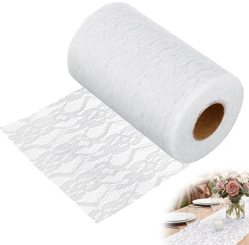 Tischläufer Spitze,Weiß 15cm x 25m Spitzenstoff Deko Tischläufer Abwaschbar | für Hochzeit Taufe Festliche Dekoration zu besonderen Anlässen