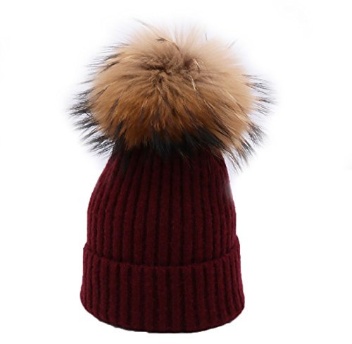 BeFur Frauen Bommelmütze Zopfmuster Pudelmütze Wintermütze Pelzmütze Fellbommel - weinrot