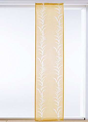 Schiebevorhang, mit Klettband, Farbe Senfgelb, Design Blätter, Halbtransparent, Waschbar, Maße HxB 245x57 cm
