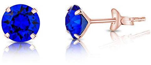 Orecchini Lobo Donna Argento 925 Placcati Oro Rosa 18K con Brillantini di Cristallo Blu - Orecchini a Perno Oro Rosa - Classici, Eleganti, Ipoallergenici per Pelli Sensibili - Diametro 6 mm