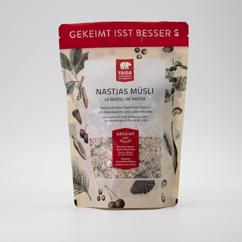 Taiga Naturkost Nastjas Müsli – Bio, angekeimte Saaten, mit Moosbeeren und Zedernflocken, glutenfrei, 400g
