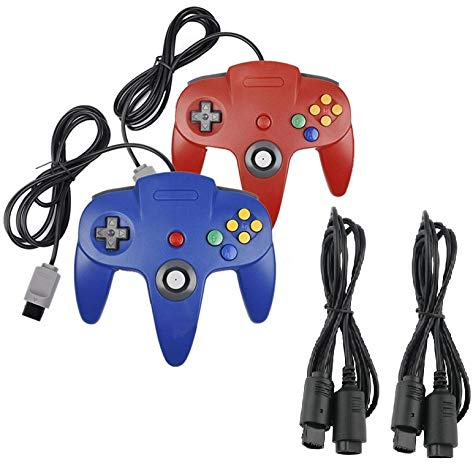 2 x Controller passend für Nintendo 64 N64 Rot und Blau mit Verlängerungen Gamepad Joypad