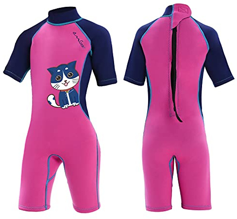OMGear Wetsuit Kids 3mm Shorty Neoprene one Piece Short Sleeves Diving Suits Back Zipper Thermal Swimsuit for Youth Boys Girls Scuba Diving Surfing Snorkeling Swimming Water Sports(Navy Blue cat, 4)