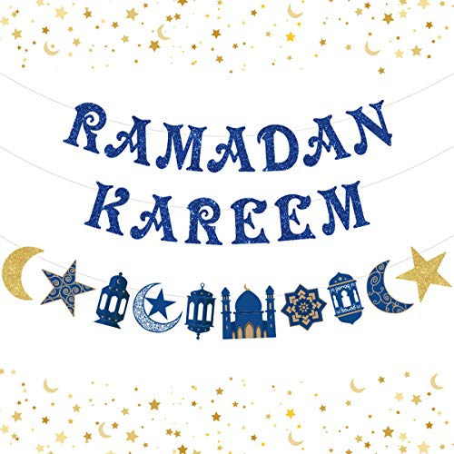 Ramadan Kareem Dekoration Banner Stern und Mondgirlande Blau Ramadan Party liefert Hajj Eid Mubarak Party Muslimischer Islam Eid Feier Dekoration 2er Pack
