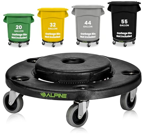 Alpine Rolling Brute Trash Can Dolly - Trash Can Dolly with Wheels/Trash Can Roller Base for Round 20, 32, 44, or 55 Gallon Garbage Bins, Heavy Duty Holds Up to 500lbs (Black)