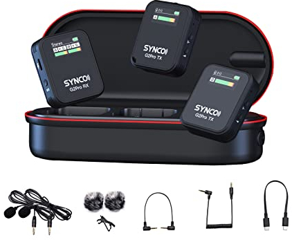 SYNCO G2 (A2) Pro 2.4 GHz microfono Lavalier wireless con custodia di ricarica, 1 ricevitore, 1 trasmettitore, display a colori, microfono, supporto di monitoraggio digitale, uscita digitale