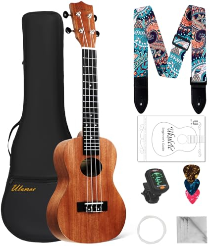 Ukulele Sopran, 53,3 cm, professionelle Mahagoni-Top Ukulele für Anfänger, Kinder & Erwachsene, All-in-One Bundle mit Gigbag, digitales Stimmgerät, Ersatz von Saiten, Plektren, Yukelele-Gurt, Tuch