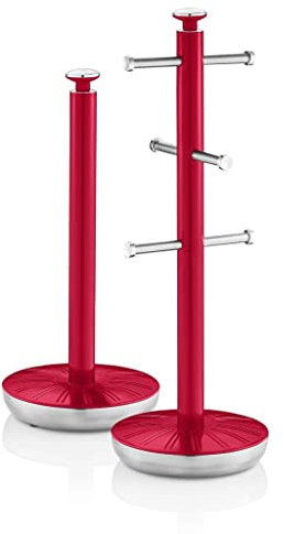 Swan SWKA1054RN Retro Towel Pole and Mug Tree, Weighted Base, Kitchen Storage Set with Chrome Accents, Red