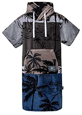 ATLANTIC SHORE | Surf Poncho | Badeponcho mit Kapuze aus 100% Baumwolle | Unisex | Palm Tree für Erwachsene in Navy Blue/Grey | Long (ab 175 cm)