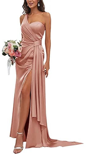 Robes de demoiselle d'honneur asymétrique en satin longue fendue sirène robes de soirée pour femmes, vieux rose, 38