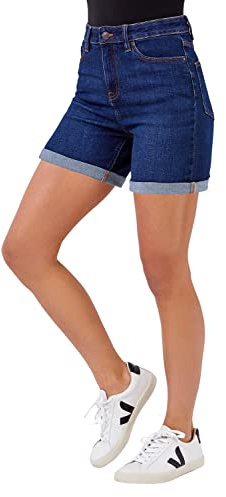 Roman Denim Shorts with Pockets for Women UK Ladies Mom Jeans Boyfriend Boy High Waisted Turned Frayed Hem Stretchy Cotton Casual Slim Skinny Pants Mother Holiday - Deep Indigo - Size 12