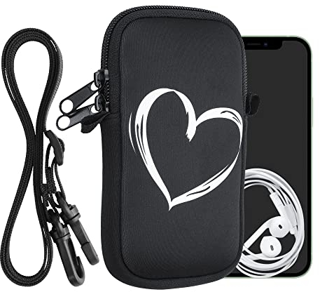 kwmobile Handytasche für Smartphones M - 5,5 - Neopren Handy Hülle Weiß Schwarz - Handy Tasche mit Kette 15,2 x 8,3 cm Innenmaße - Herz Brush