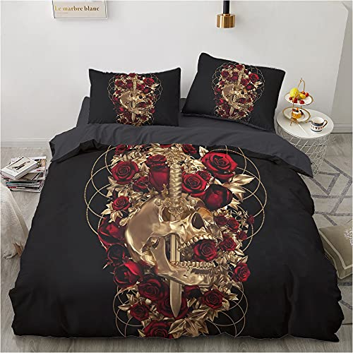 Luowei Bettwäsche Skull 135x200cm 4 Teilig Schwarz Gold Schädel Rosen Bettbezug Weiche Microfaser 3D Bettbezug mit Reißverschluss und 2 Kissenbezüge 80 x 80cm