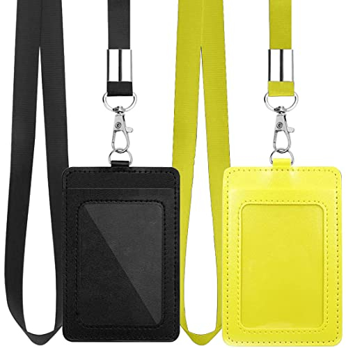 2pcs Porta badge verticale in pelle ecologica in poliuretano, con cordino in nylon da per appenderlo al collo, per ufficio scuola patente di guida colore Nero+giallo