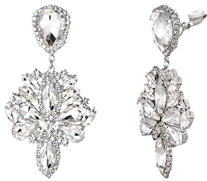 Clearine Ohrclips Art Deco Marquise Teardrop Strass Kristall Stetement Clip-on Dangle Ohrringe für Damen Klar Silber-Ton