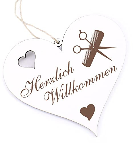 Herzlich Willkommen Schild - Friseur Schere und Kamm - Deko Herz Holz Willkommensschild Türschild Dekoschild Türdeko
