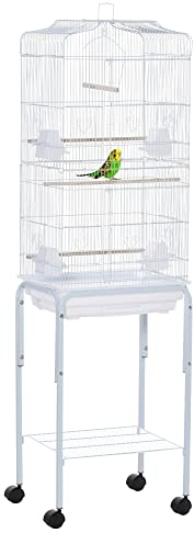 PawHut Jaula para Pájaros con Ruedas 46,5x36x157 cm Jaula Metálica de Aves con Puertas 4 Comederos 3 Perchas Bandeja Extraíble y Estante de Almacenaje para Canarios Periquitos Blanco