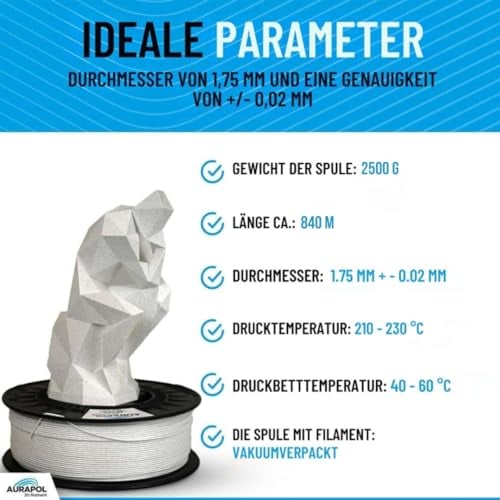 AURAPOL Filament 1.75 PLA, 3D Drucker Filament, PLA Filament mit Präzision 1,75 mm +/- 0,02 mm, Premium 3D Filament kompatibel mit den meisten FDM(FFF)-3D-Druckern und 3D-Stiften