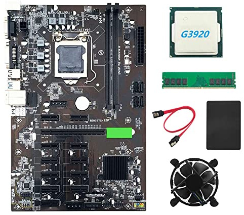 Zunedhys B250 BTC Mining Motherboard mit G3920 oder G3930 CPU + Lüfter + DDR4 4GB 2666MHz RAM + 128G SSD + Kabel LGA 1151 12X Grafikkartensteckplatz