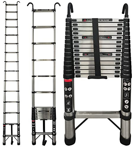 Telescopic Ladder 4.4M Multi-Purpose Extension Ladder with Ladder Hooks, Stainless Steel Loft Ladder with Wall Mounts, Folding 14 Steps Ladder Easy Carry for Indoor Outdoor DIY Tools, Max Load 330Lbs