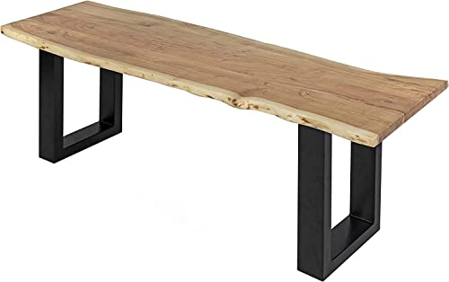 SAM Esszimmerbank 160x42 cm Quintus, Akazienholz massiv & naturfarben, echte Baumkante, Baumkantenbank mit U-Gestell Schwarz, Sitzbank mit 26 mm Platte