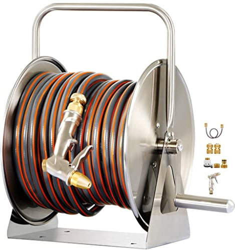Schlauchtrommel Schlauchaufroller Wasser Schwerlast Schlauchwagen Set, Haushalts Edelstahl Schlauchmobil, Robustes Gartenrohr Aufbewahrungsregal, Für Außengarten Yard (Color : Silver, S : Hose Reel+
