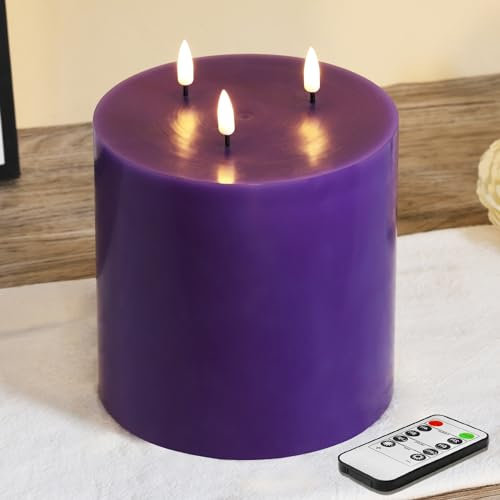Eywamage Purple 3 Wick Flameless LED Pillar Candle with Remote, Large Battery Operated Wax Candle Φ 6 H 6