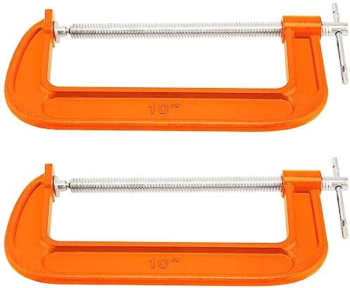 MUKLEI 2 Packs 10 Inch C-Clamp, Malleable Iron C-Clamp, Heavy Duty C-Clamp for Woodworking, Metalworking, 8.7 Inches Max Jaw Opening, 3.7 Inches Throat Depth, Orange