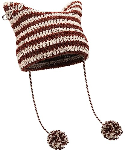 XYIYI Kaffee Beige Häkelmützen für Frauen Fuchs Strickmütze mit Pompons Grunge Goth Zubehör Slouchy Beanies für Damen Mädchen