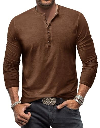 YawYews Mens Long Sleeve Tops Henley T Shirt for Men Cotton Casual Grandad Vintage T Shirts Tee with Buttons Brown 2XL