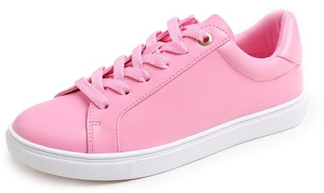 Feversole Women's Featured PU Leather Lace-Up Sneaker,Baskets à Lacets en Cuir PU pour Femme,Couleur Rose foncé Semelle Blanche Grand œillet 38
