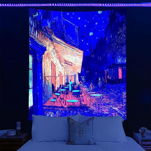 Tokusyou Wandteppich Schwarzlicht UV Reaktive Psychedelic Tapisserie Wandtuch Straßenszene Menschen Sternenhimmel Landschaft Tapestry Wandbehang Dekoration für Schlafzimmer Wohnzimmer, 150x210cm