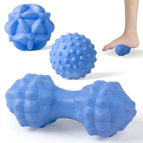 MEGAVOW 3 Stück Massage Ball Faszienball Massagebälle Set, Faszienkugel Massageball Igelball Spiked Roll Ball, Klein Duoball Triggerpoint Gymnastikbälle mit Noppen, für Rücken Füße Hände Nacken, Blau