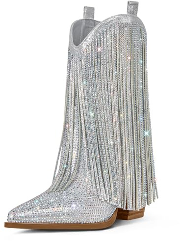 Ouepiano Cowboy Boots for Women - Cowgirl Rhinestone Boots with Sparkly Fringe Pointed Toe Western Boot Chunky Heel Pull-On Wide Calf Silver Botas Vaqueras Size 8