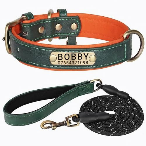 SEOUGEE Collar de perro de cuero genuino personalizado y juego de correa, collares de cuero acolchado suave resistente con placa de nombre grabada personalizada para perros pequeños, medianos y