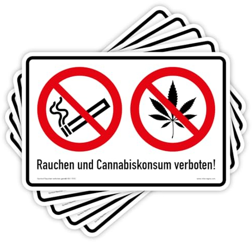 5 Stück – Aufkleber Verbotszeichen „Rauchen & Cannabiskonsum verboten“ Kombi Verbot Folie Symbol ISO 7010 | Größe wählbar Made in Germany, Größen Name: 15 x 10 cm (ISO 7010)