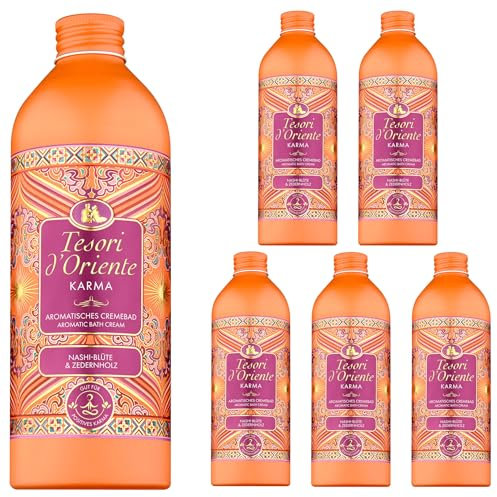 TESORI D'ORIENTE Cremebad Karma Schaumbad Duft Pflegebad Badezusatz 6 x 500 ml mit Argan-Öl und Orangenblüte aromatisches Körper Peeling Wellness-Rituale für Körper & Sinne