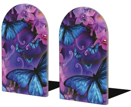 Serre-livres en bois imprimé papillon – Lot de 2 serre-livres pour les amateurs de livres et les organisateurs