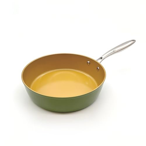 AMERCOOK - Poêle Paysanne AmVegan Chef 26cm - Revêtement Céramique Antiadhésif à l'Huile d'Olive - 100% Vegan - Induction, Four & Air Fryer - Testé en Cuisine Pro - Vert Olive