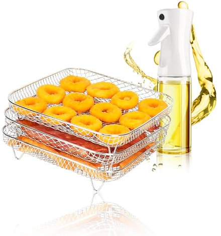 Primazon - Rejilla para Freidora de Aire - Pack 3 Rejillas apilables y pulverizador de Aceite - Accesorios Freidora de Aire -Compatible con Cecotec/COSORI/Ninja Foodi