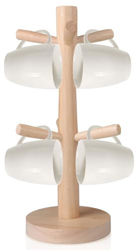 Gebiuhoo Porte-tasses Bois avec 6 Crochets Arbre à Tasse à Café Support à Bretzel Support de Tasse à Café Amovibles Arbre Porte-Gobelet pour Comptoir de Cuisine Tabletop Rangement