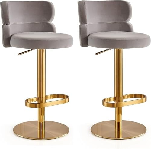 OZSSLJJ Barhocker aus Samt, 2er-Set, drehbar, höhenverstellbar, Barhocker mit Rückenlehne, Barhocker in Thekenhöhe, goldene Beine, runder gepolsterter Sitz(Gold,B)