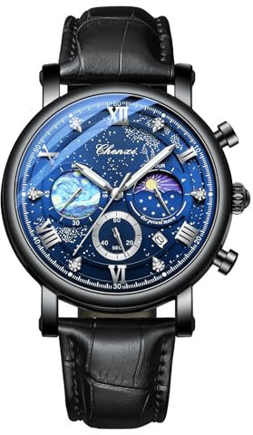 JewelryWe Herrenuhr Echtleder Chronograph Uhr: 30m Wasserdicht Analog Quarz Armbanduhr Herren Schwarz Lederband Sternenhimmel Multifunktional Uhr mit Kalender, Leuchtzeiger, Stoppuhr, Schwarz Gehäuse