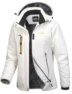 Libin Winterjacke Damen Warm Gefüttert Skijacke Outdoorjacke Damen Wasserdicht Atmungsaktiv Wanderjacke Übergangsjacke Reitjacke mit Abnehmbarer Kapuze und Reißverschlusstaschen Weiß, L