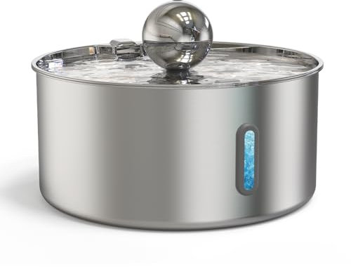Fontaine à eau, en acier inoxydable, 7 l, pour chat et chien, avec filtration à 5 couches et lumière LED, pompe ultra silencieuse avec protection contre les surcharges pour grands chiens/chats, avec 3