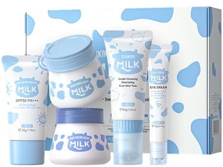 Hautpflege-Set – 5-in-1 Milch-Schönheits-Geschenksets für Teenager-Mädchen mit Reiniger, Tagescreme, Nachtcreme, Augencreme, Sonnencreme, Gesichtssets, feuchtigkeitsspendendes Gesichtspflegeset,