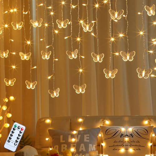 ACAREY Lichtervorhang Innen, 3.5M Schmetterlings Vorhang Lichterketten USB 8 Modi LED Lichterkette mit 16 Haken Fernbedienung Timer Verstellbare Helligkeit für Party Innen Frühlings Deko (Warm)
